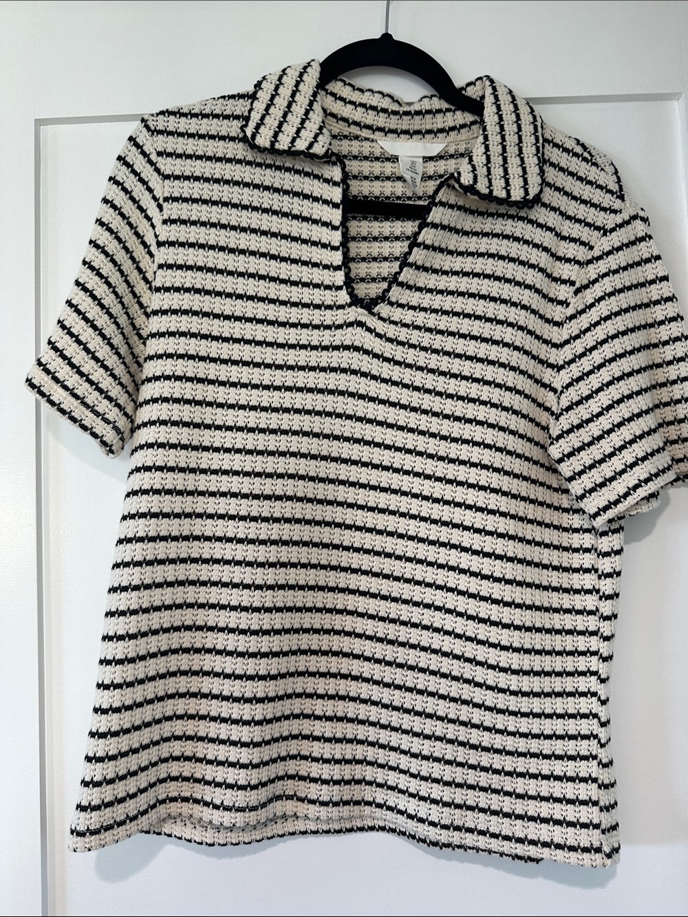 H&M Black & Cream Striped Short-Sleeve Polo Knit